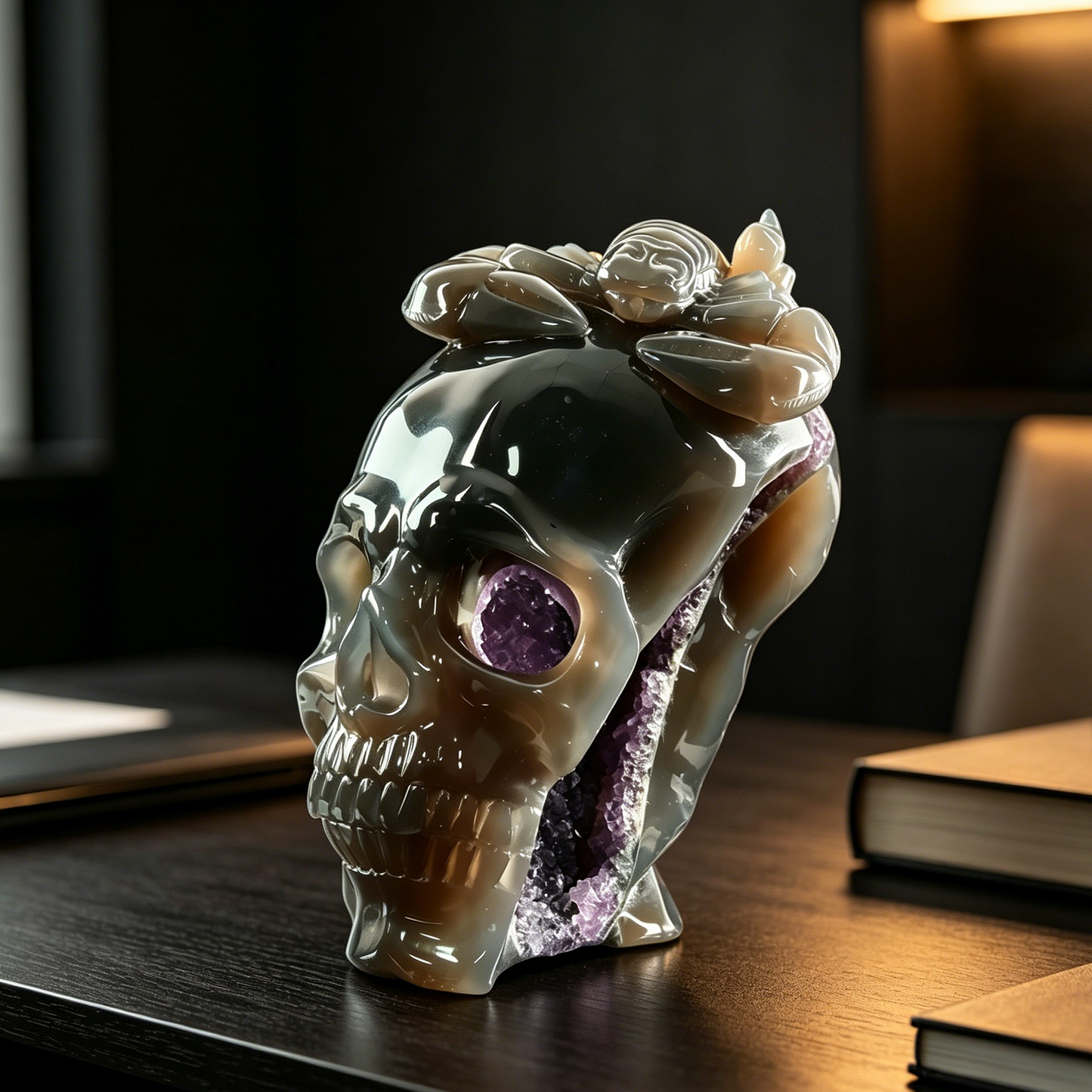 Amethyst Geode Skull with Scorpion - Hand Carved Natrual Stone Sculpture