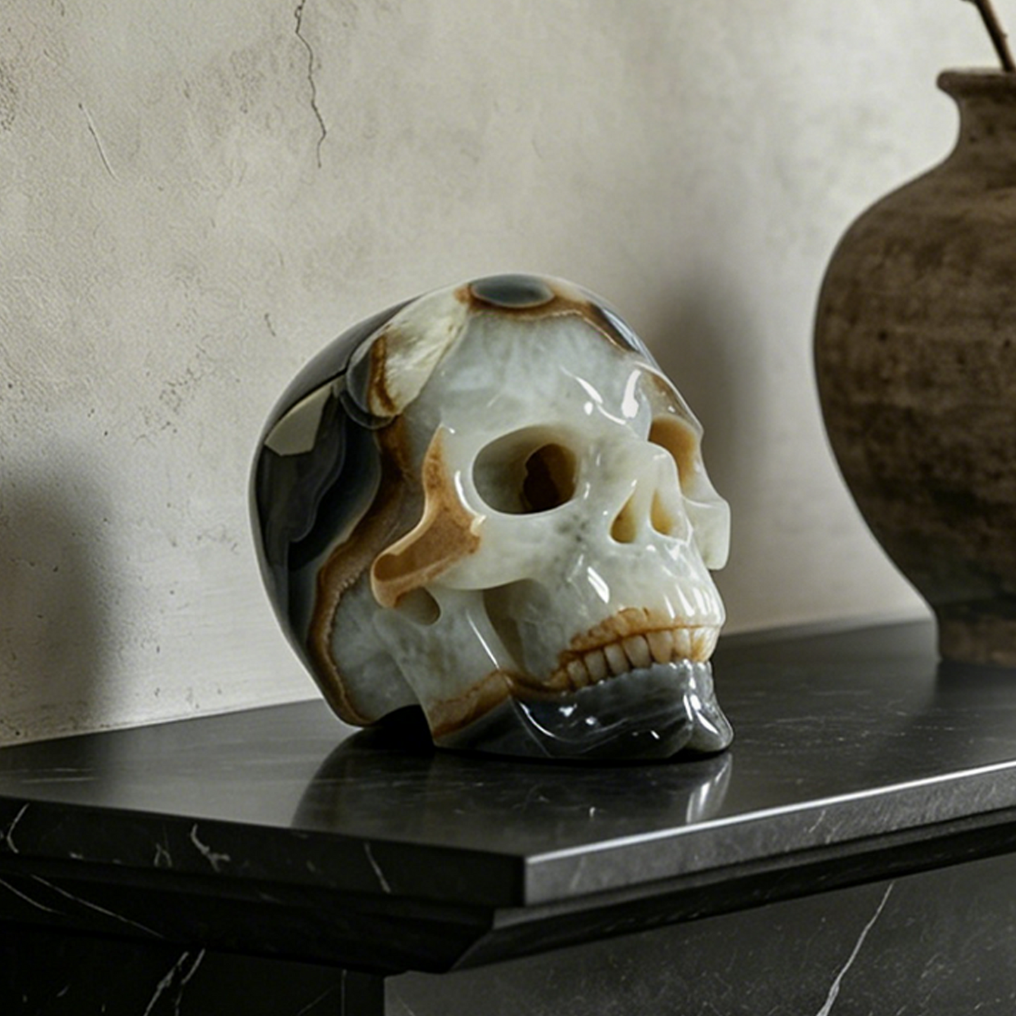 7.8 inch Carved Geode Agate Skull - Natural Stone Sculpture Carving