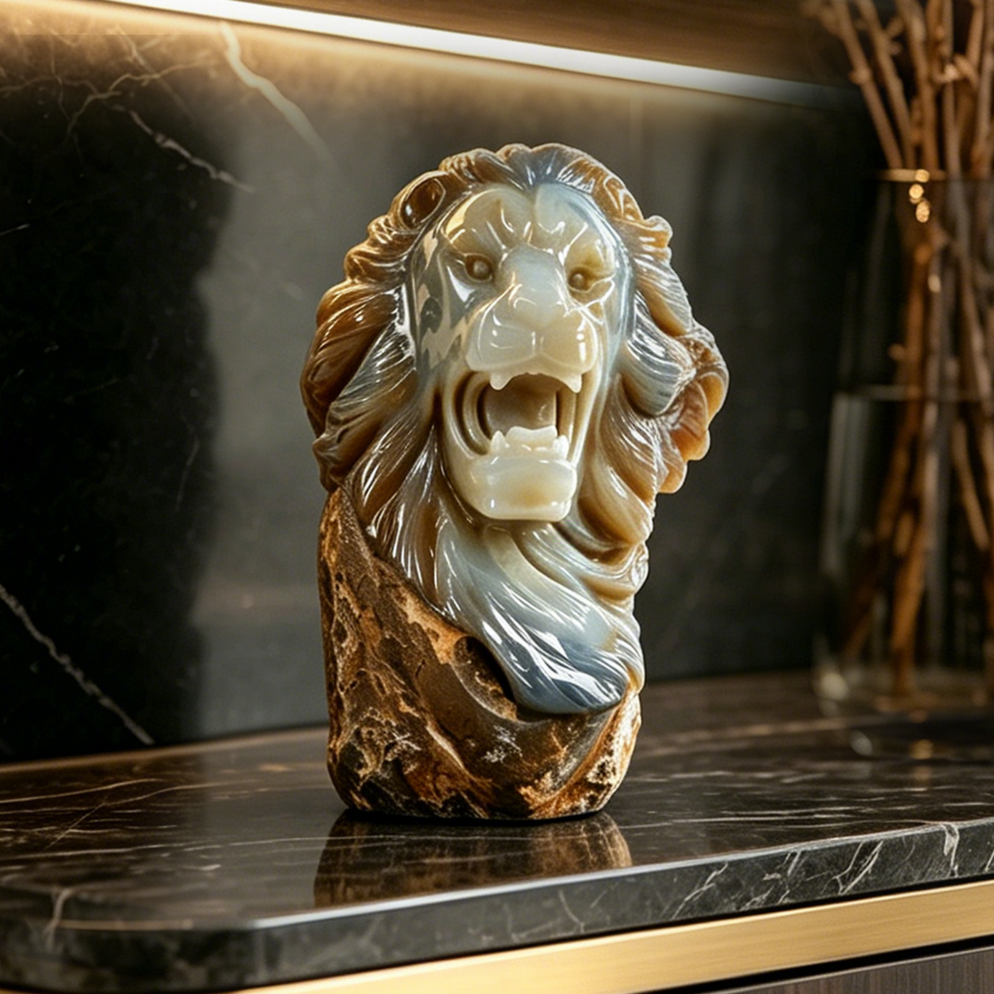 7.7 inch Yellow Chalcedony Lion Head Carving - Hand Carved Natural Stone