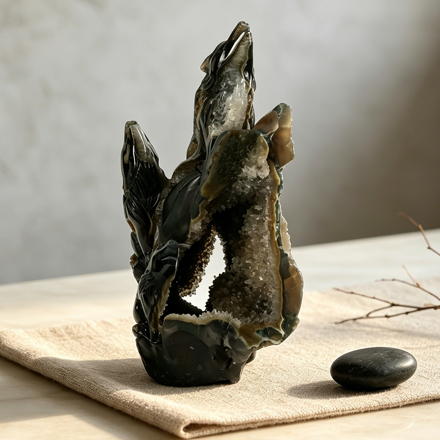 Natural Geode Agate Wolf Carving - Natural Stone Sculpture Carving