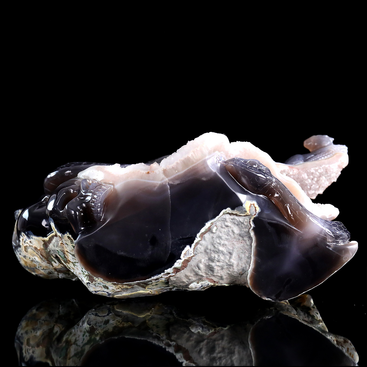 'The Silent Stare’ - Agate Serpent and Mouse on Quartz Geode · Specimen No. 21