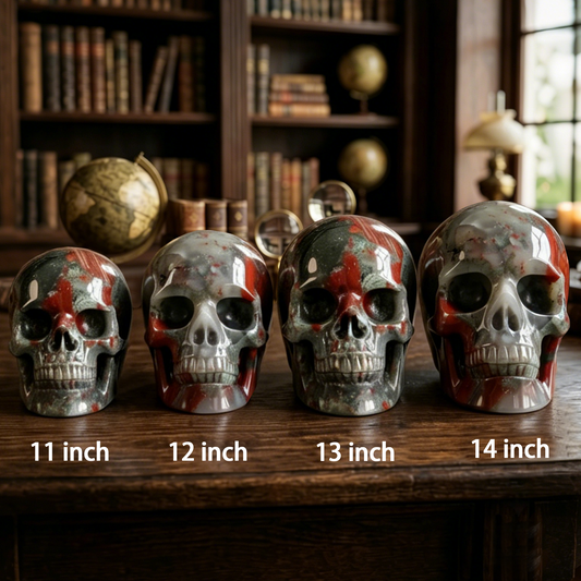 Additional view of a African Bloodstone Titan human skull carving, custom-made in sizes from 7 to 14 inches.