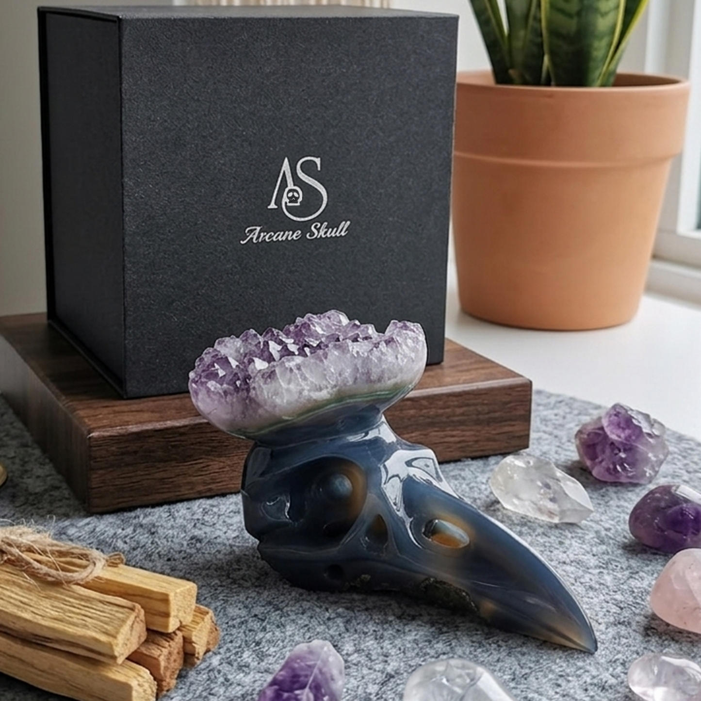 4 inch Amethyst Cluster Crow Skull - Natrual Amethyst Crystal Carving