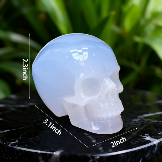 Additional view of a 3-inch Blue Chalcedony human skull carving