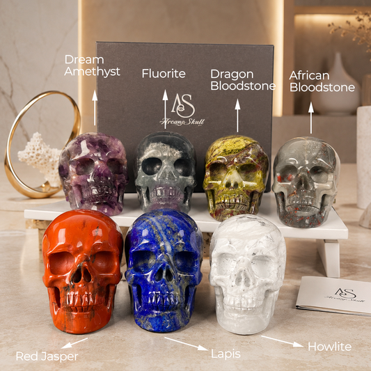 Additional view of a 3-inch mixed-stone crystal skull collection box, Pattern B