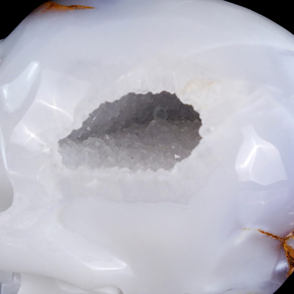 ‘Glacial Sanctum’ - Hand-Carved Ice-Blue Chalcedony Geode Skull · Specimen No. 33