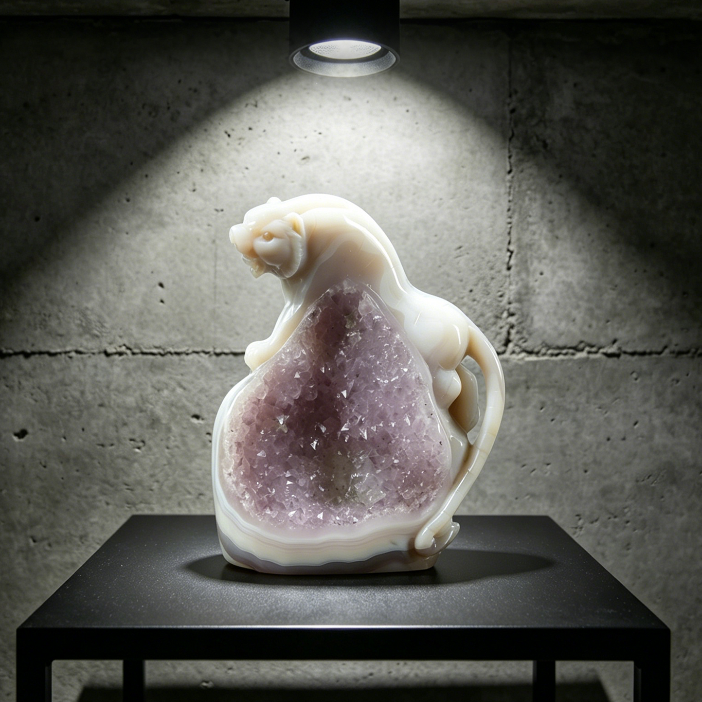 Pale Amethyst Cluster Tiger Carving - Natural Crystal Sculpture