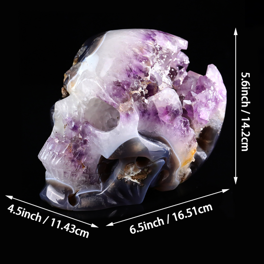 Additional view of a one-of-a-kind Amethyst and Agate geode skull carving
