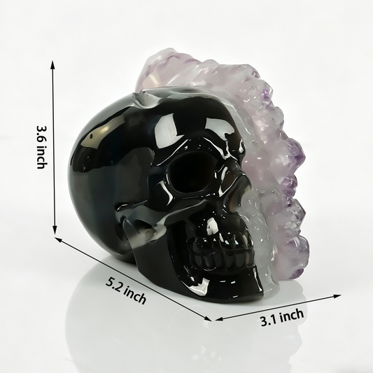 Additional view of a one-of-a-kind Amethyst crystal-cluster skull carving