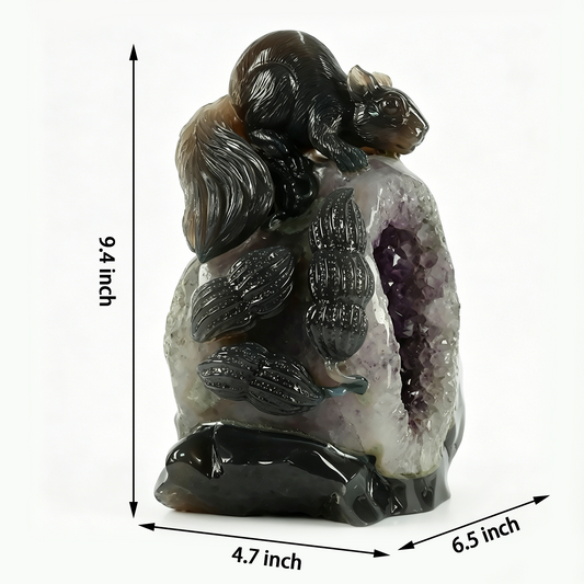 Additional view of a one-of-a-kind Amethyst geode squirrel carving