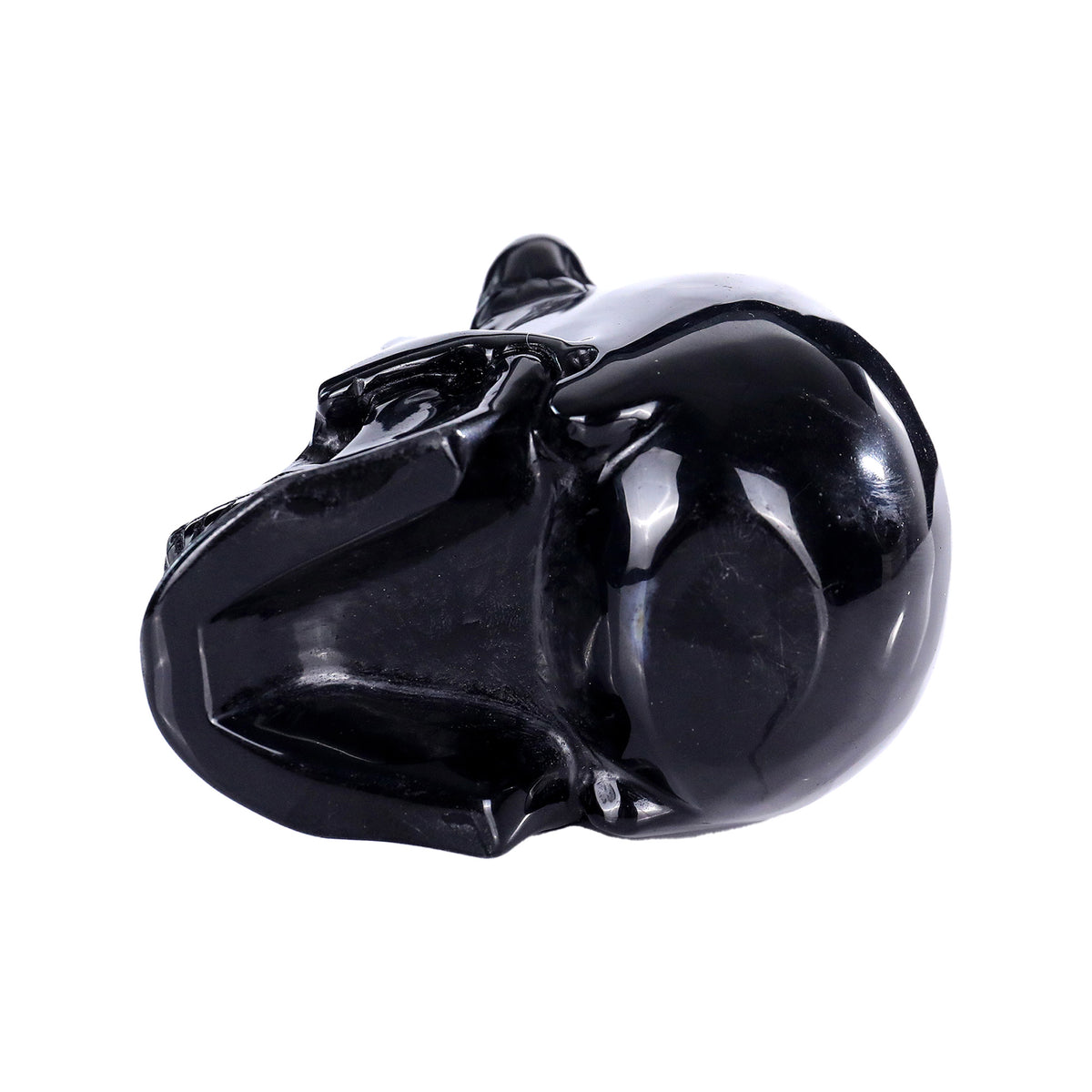 Top view of a one-of-a-kind Black Obsidian horned skull carving