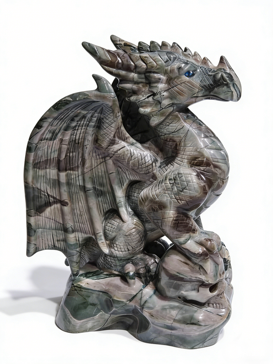 Additional view of a one-of-a-kind Nine Dragon Jade skull and winged dragon sculpture