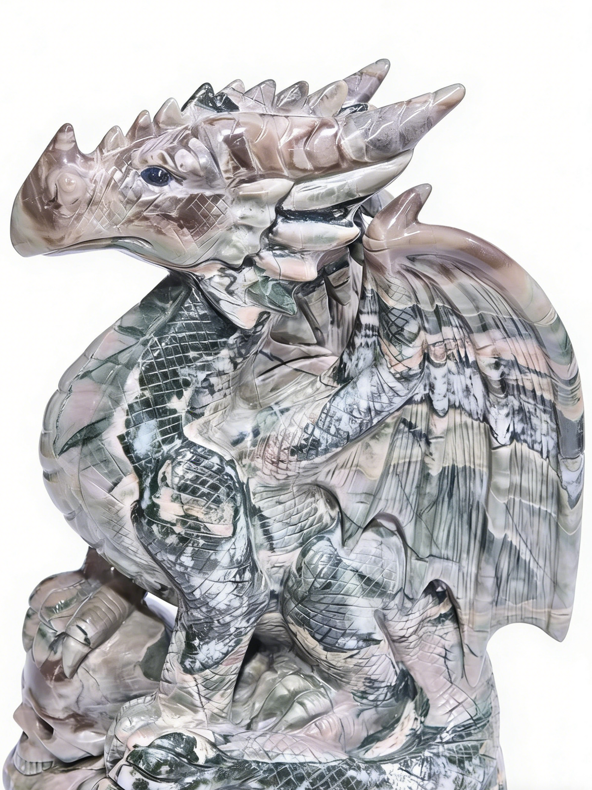 Additional view of a one-of-a-kind Nine Dragon Jade skull and winged dragon sculpture