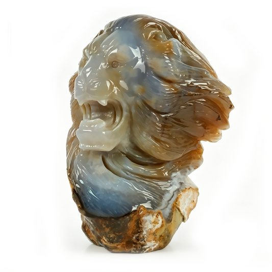 Additional view of a one-of-a-kind Yellow Chalcedony lion-head carving