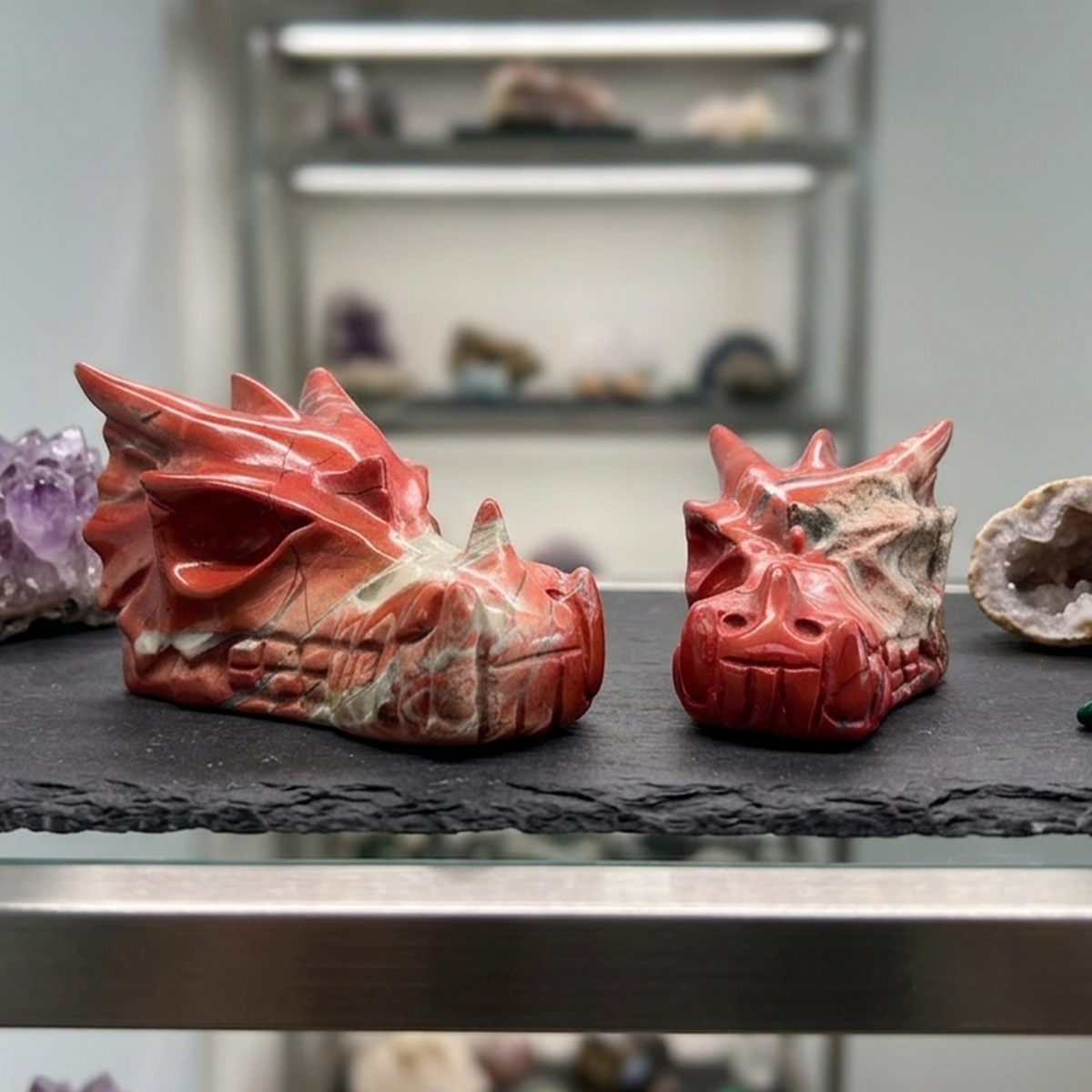 Additional view of a 2-inch Red Jasper dragon skull carving