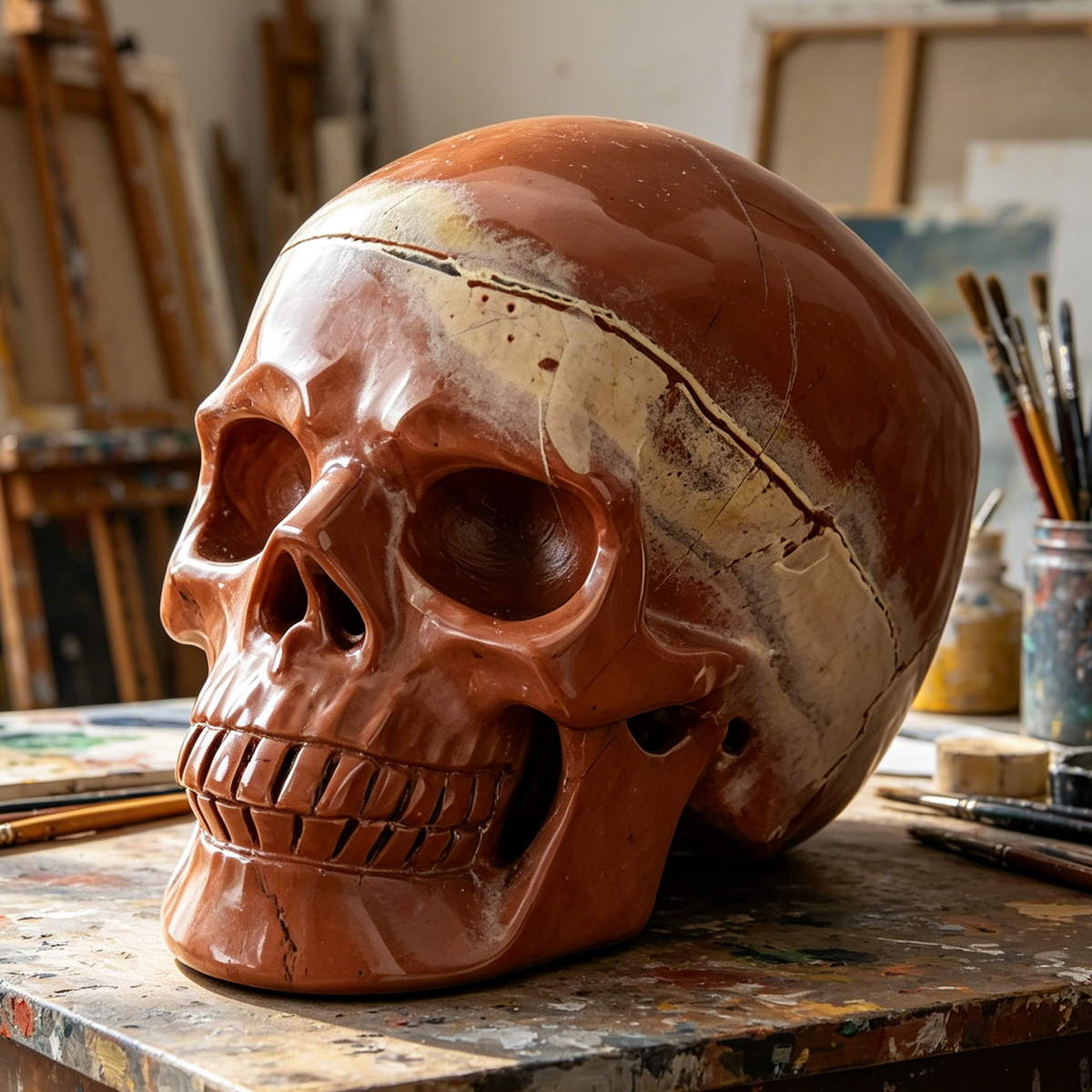 Additional view of a Red Jasper Titan human skull carving, custom-made in sizes from 7 to 14 inches.