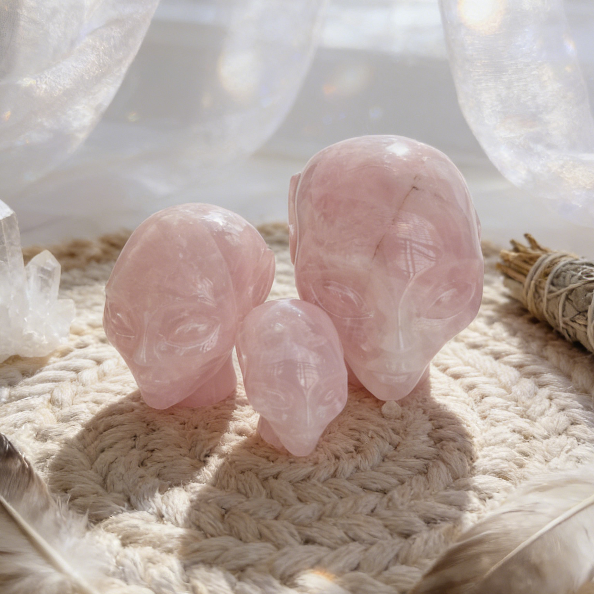 Additional view of a 3.8-inch Rose Quartz alien skull carving