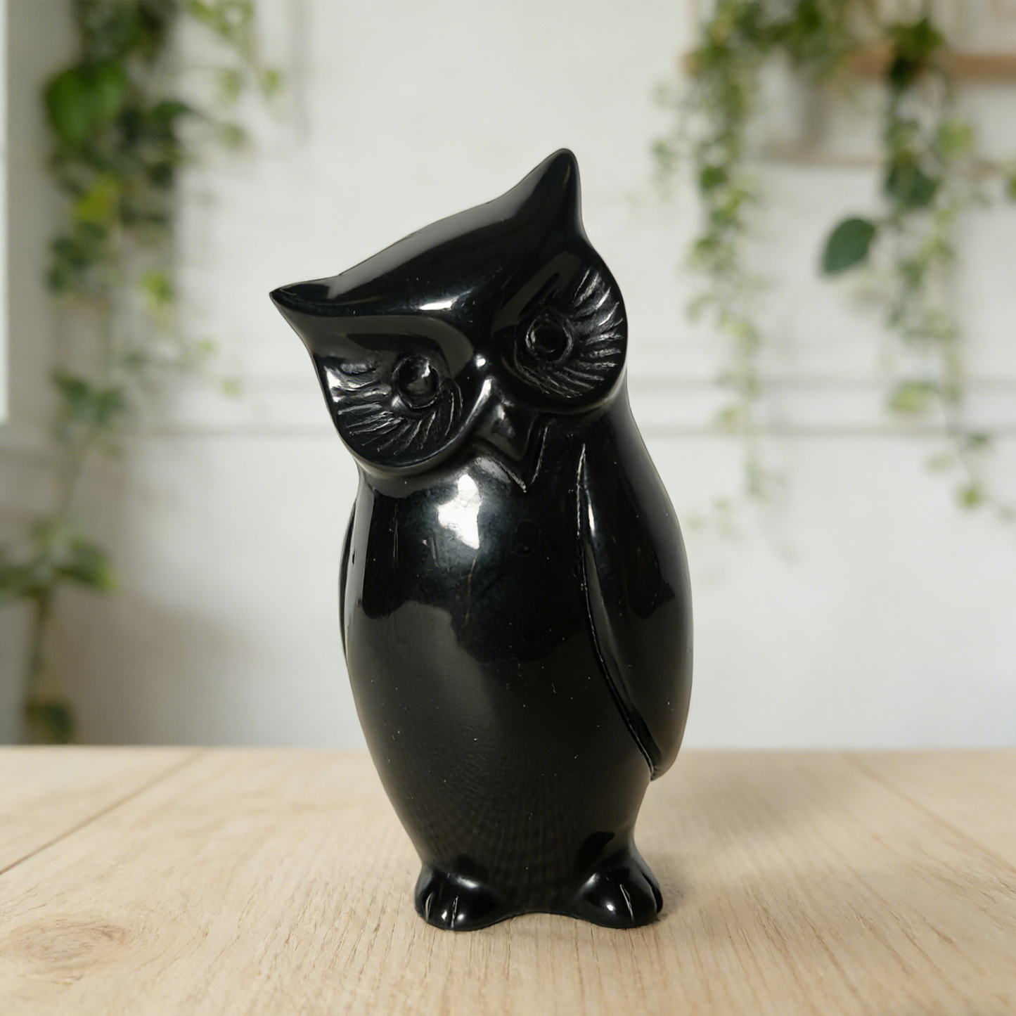 Sculpture de famille de hiboux en obsidienne noire – Pierre de protection sculptée à la main