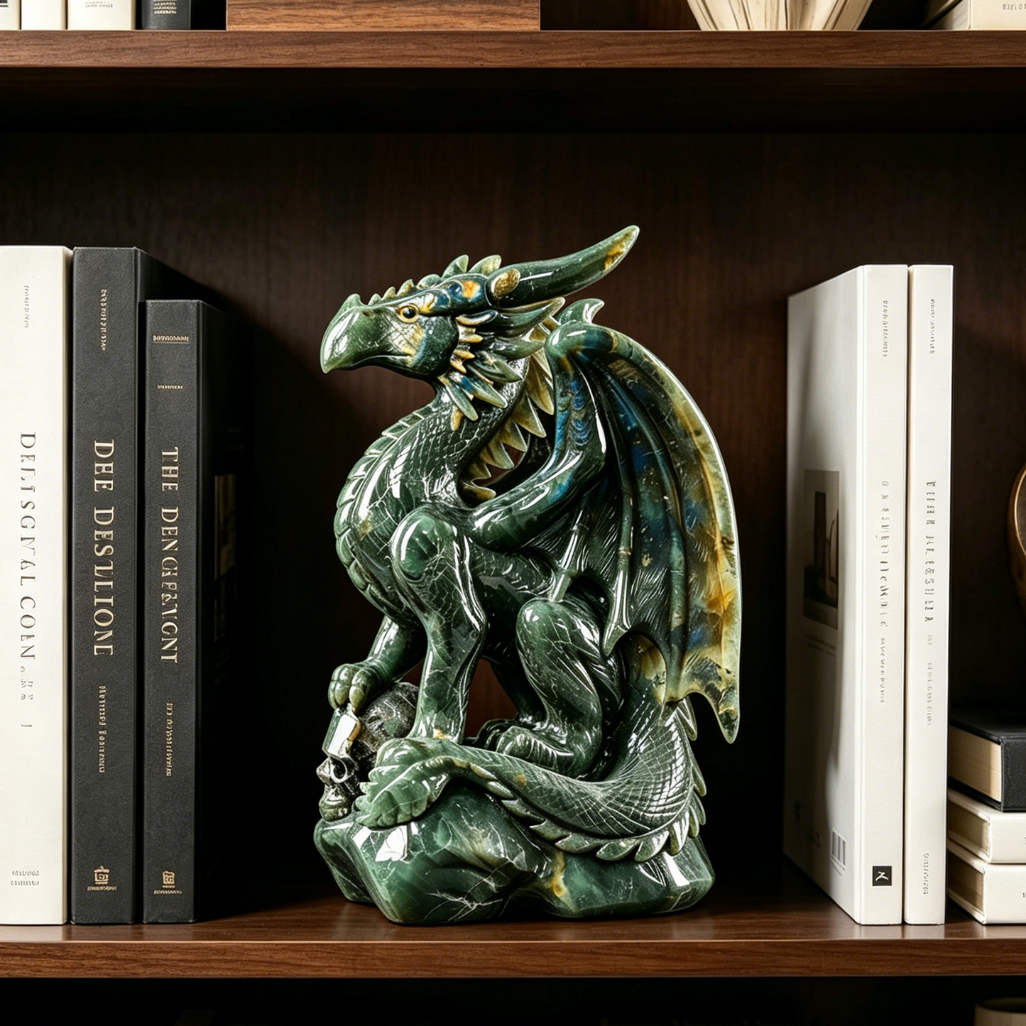 Labradorite Winged Dragon on Skull - Hand-Carved Natural Stone Sculpture