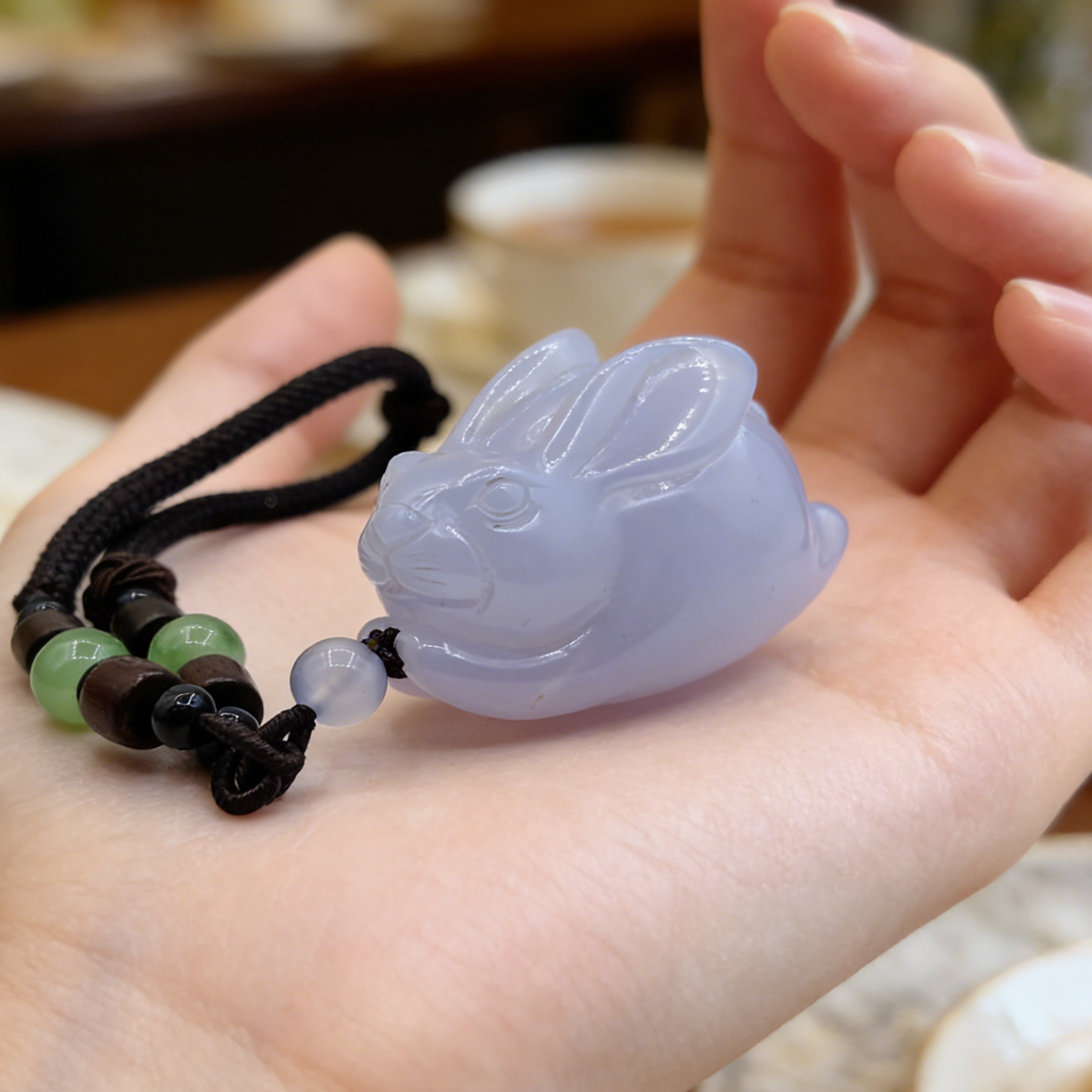 Blue Chalcedony Rabbit Pendant - Hand Carved Natrual Crystal