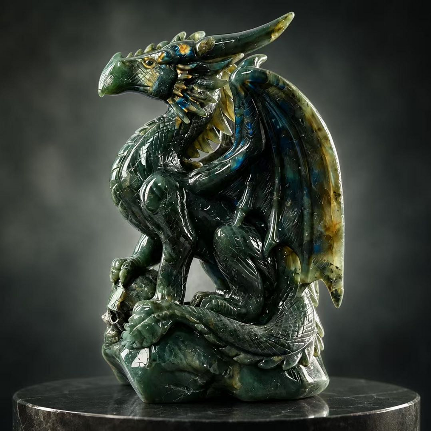 Labradorite Winged Dragon on Skull - Hand-Carved Natural Stone Sculpture