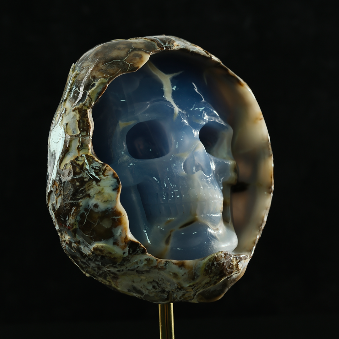 Blue Chalcedony Cave Carving Skull in Raw Crust - Hand Carved Natural Gemstone