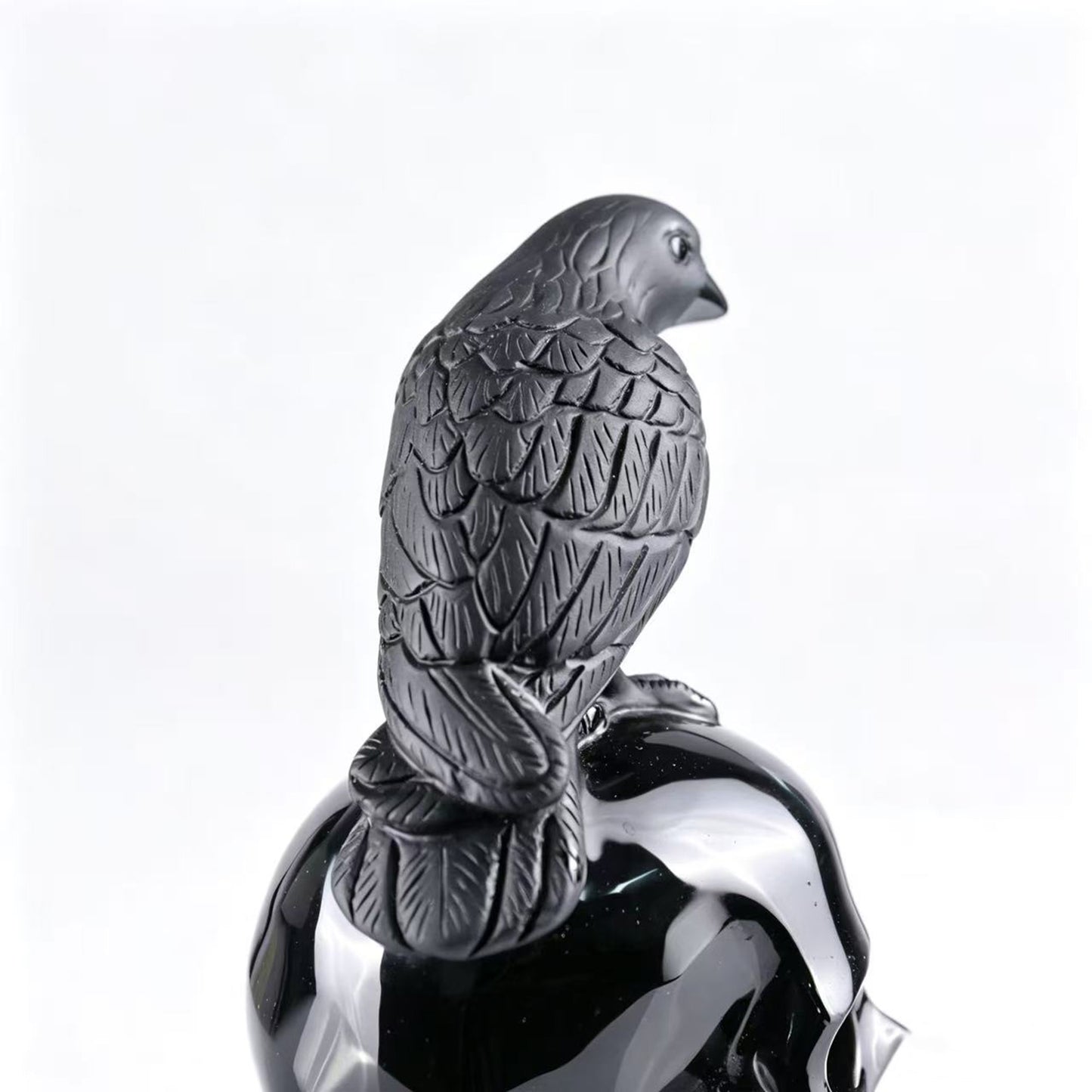 Black Obsidian Crystal Skull with Raven