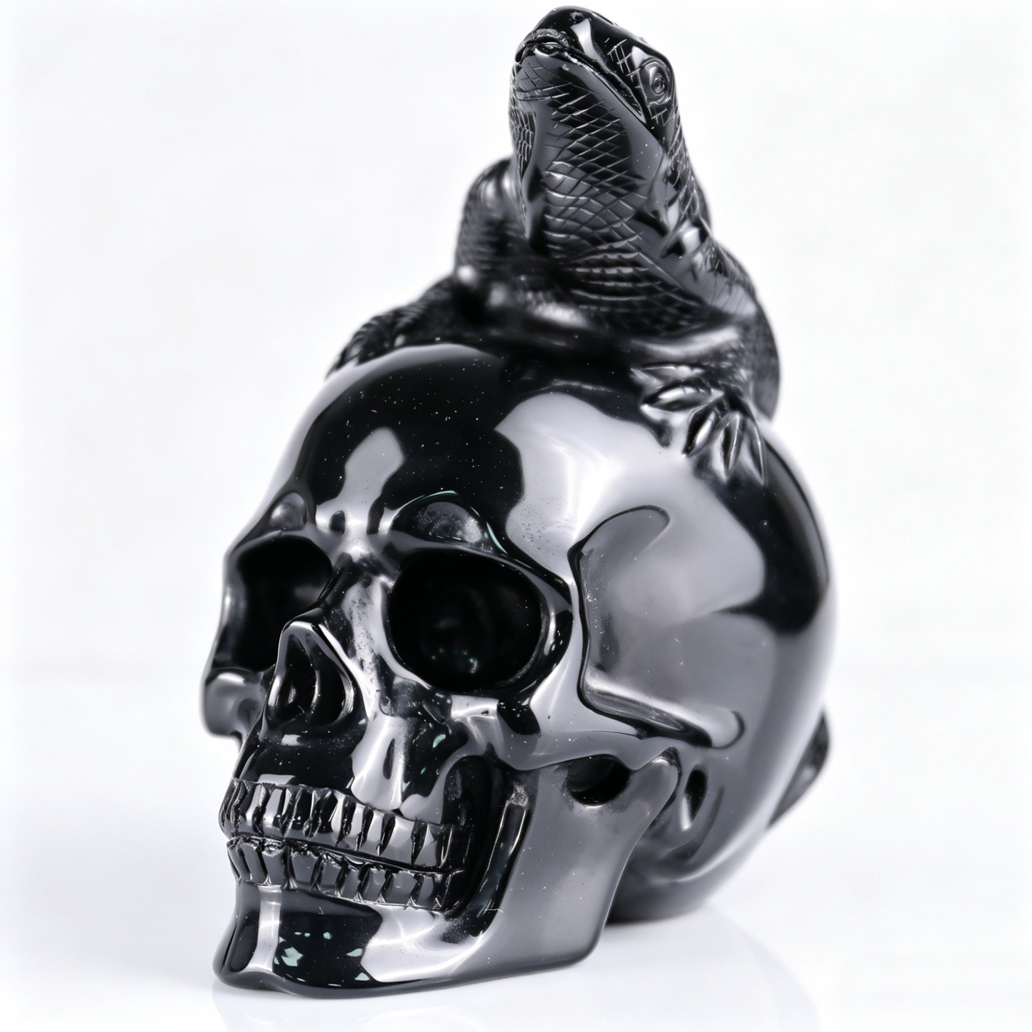 4" Black Obsidian Crystal Skull with Lizard
