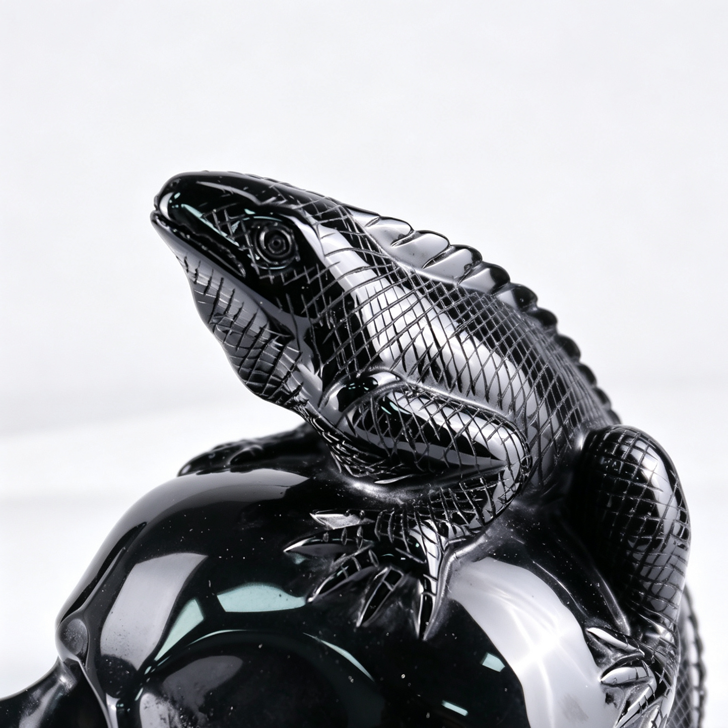 4" Black Obsidian Crystal Skull with Lizard