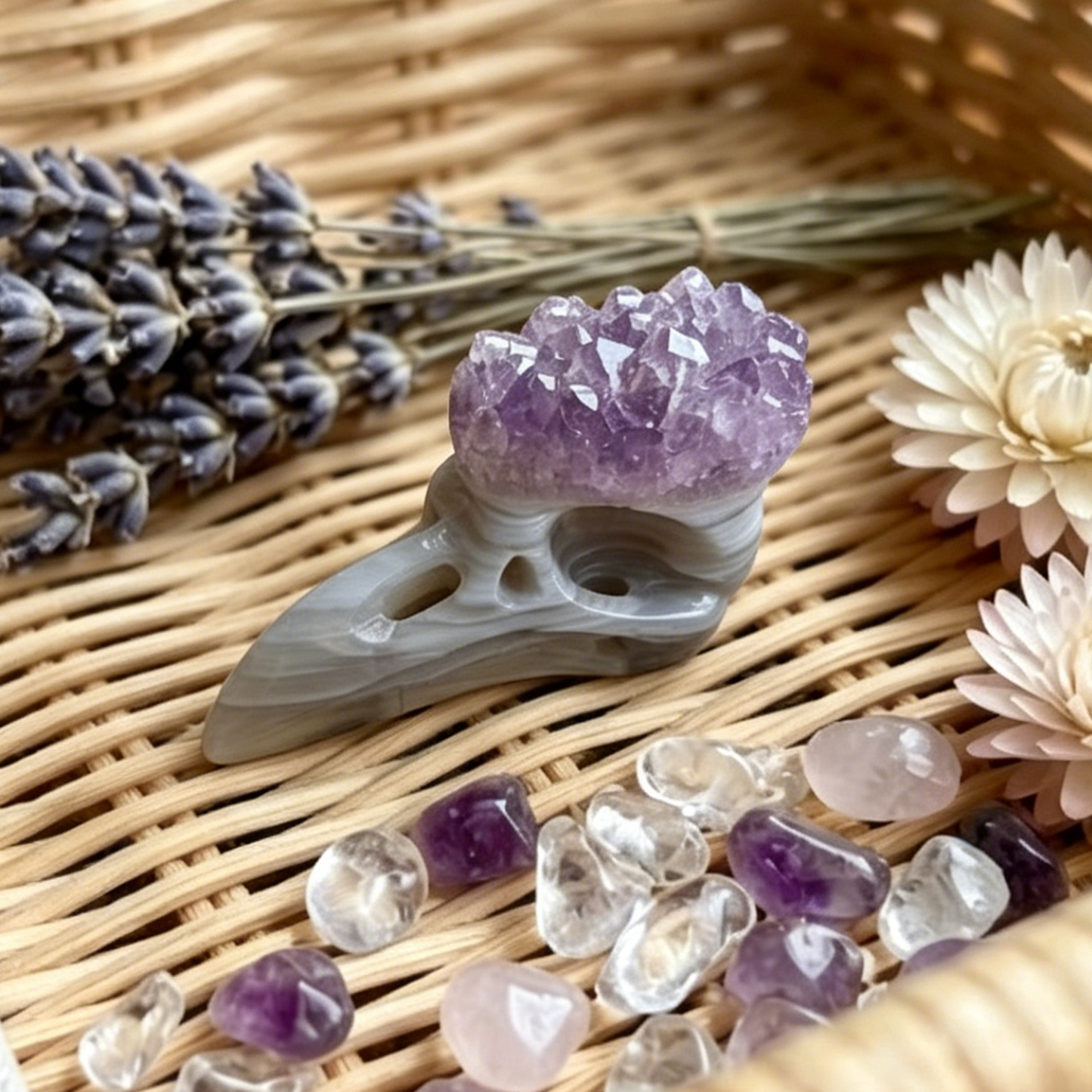 2.5 inch Amethyst Cluster Crow Skull - Natrual Amethyst Crystal Carving