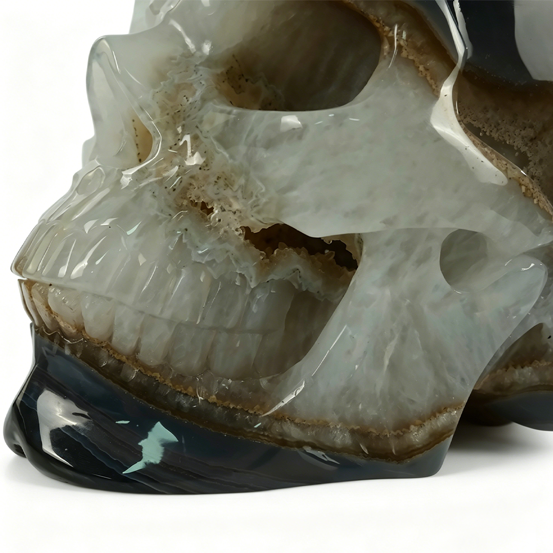 7.8 inch Carved Geode Agate Skull - Natural Stone Sculpture Carving
