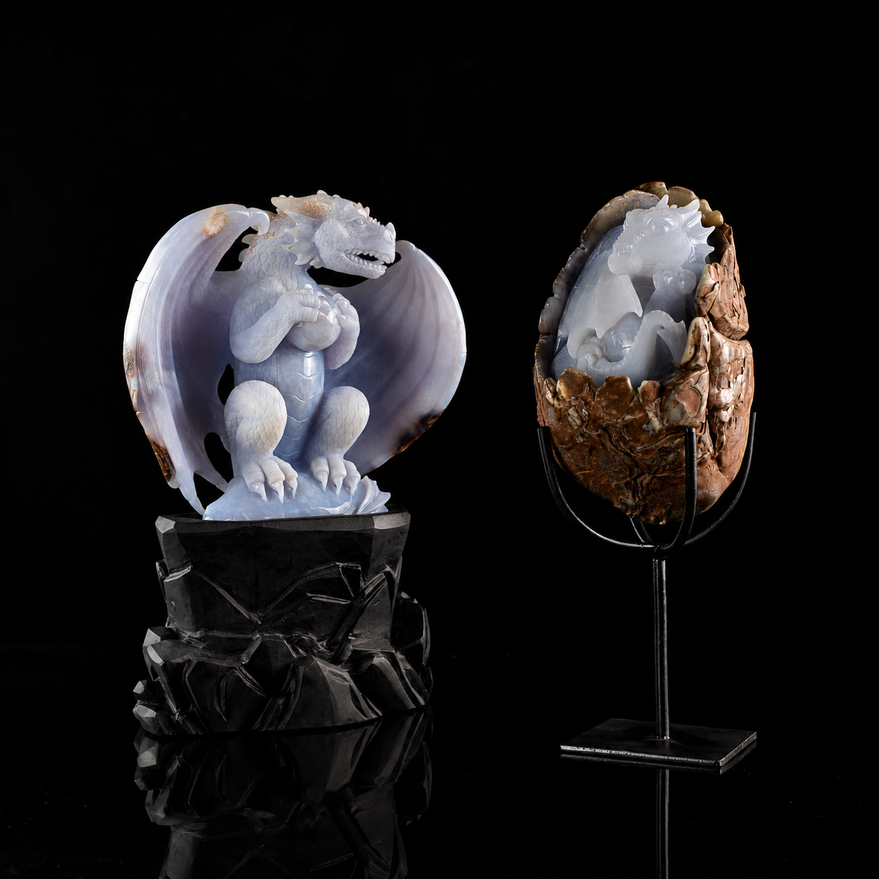 The Birthright - Blue Chalcedony Dragon with Egg &  Blue Chalcedony Hatching Dragon