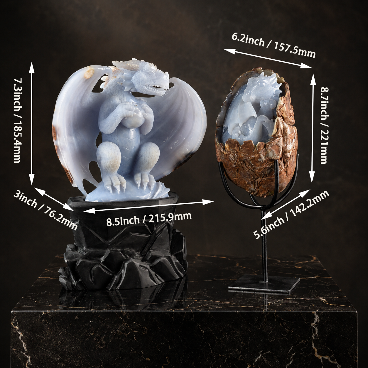 The Birthright - Blue Chalcedony Dragon with Egg &  Blue Chalcedony Hatching Dragon
