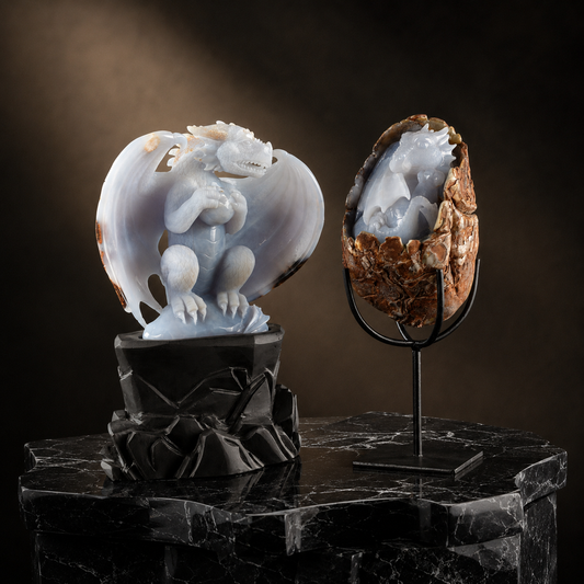 The Birthright - Blue Chalcedony Dragon with Egg &  Blue Chalcedony Hatching Dragon