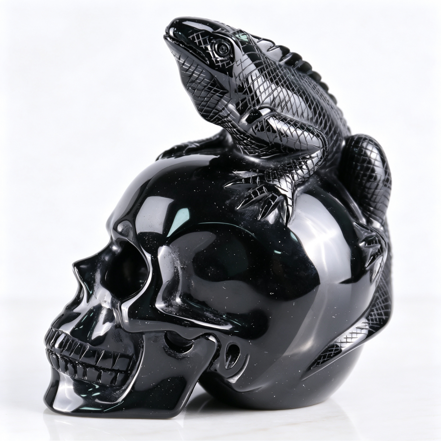4" Black Obsidian Crystal Skull with Lizard
