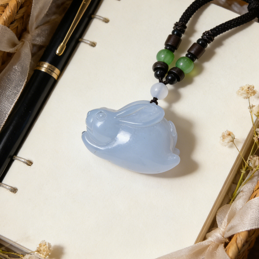 Blue Chalcedony Rabbit Pendant - Hand Carved Natrual Crystal