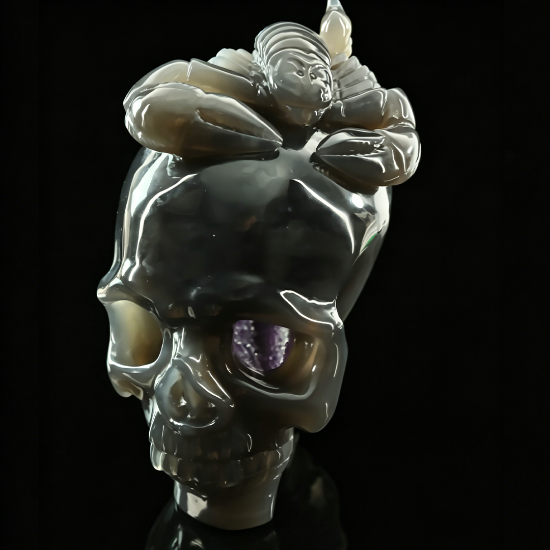 Amethyst Geode Skull with Scorpion - Hand Carved Natrual Stone Sculpture