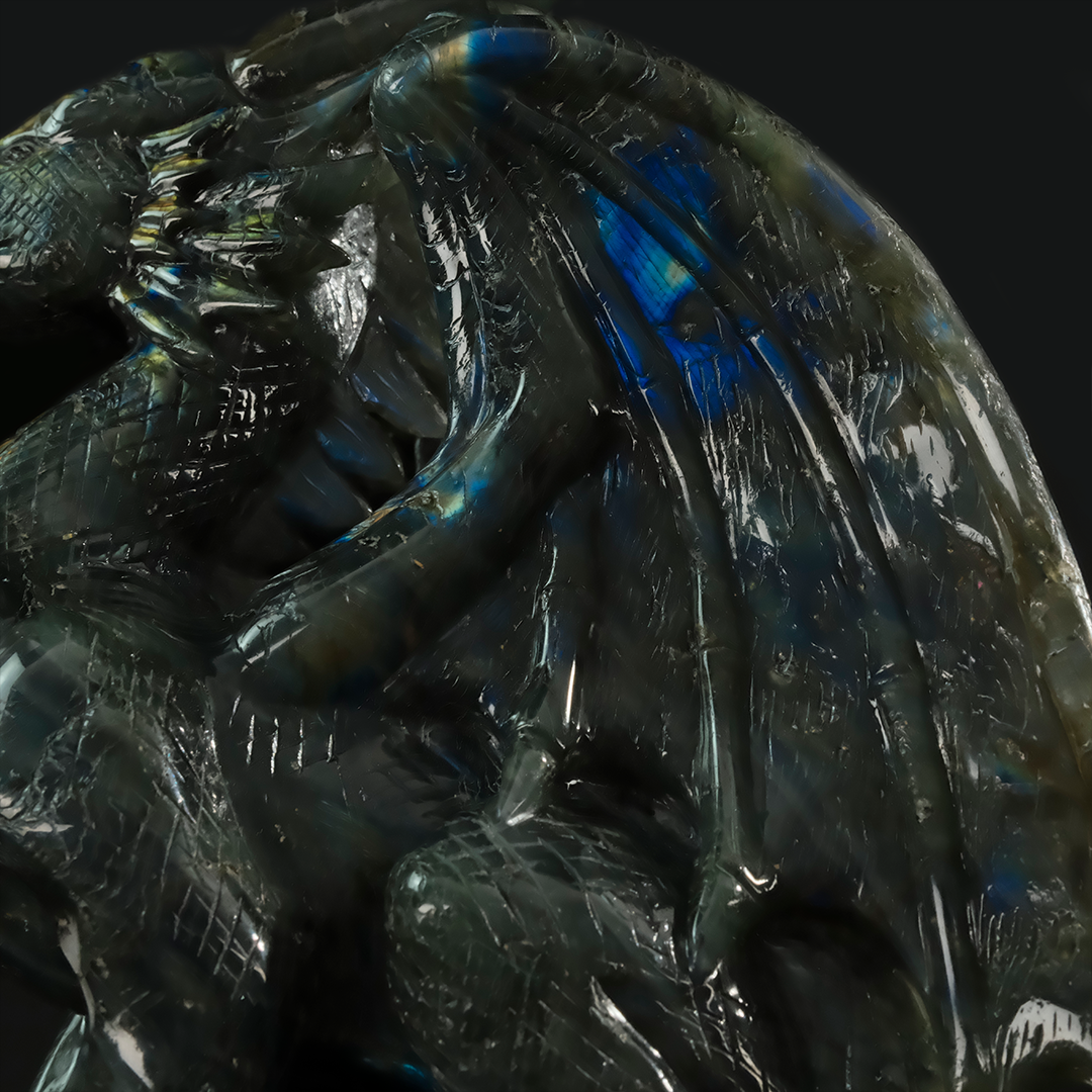 Labradorite Winged Dragon on Skull - Hand-Carved Natural Stone Sculpture