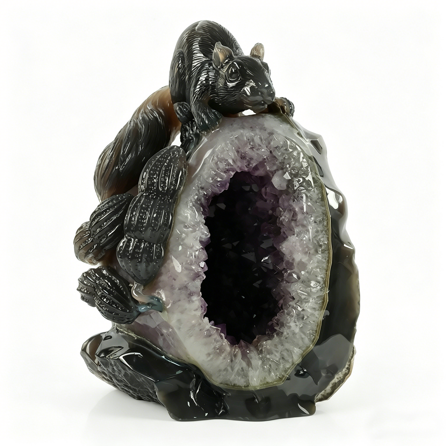 Amethyst Geode Cluster Squirrel Carving - Hand Carved Natural Crystal