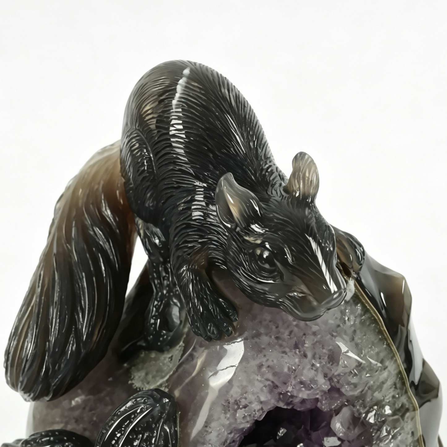 Amethyst Geode Cluster Squirrel Carving - Hand Carved Natural Crystal