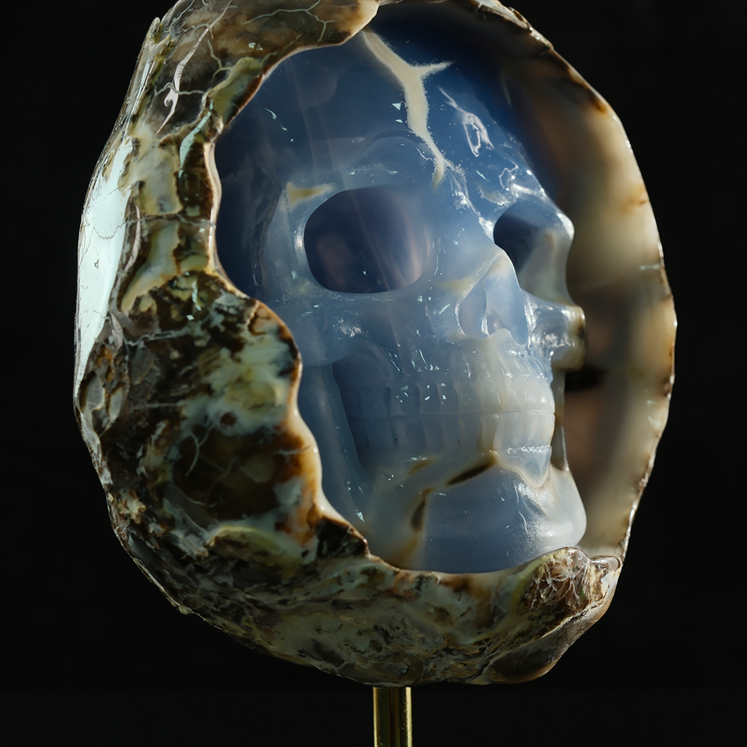 Blue Chalcedony Cave Carving Skull in Raw Crust - Hand Carved Natural Gemstone