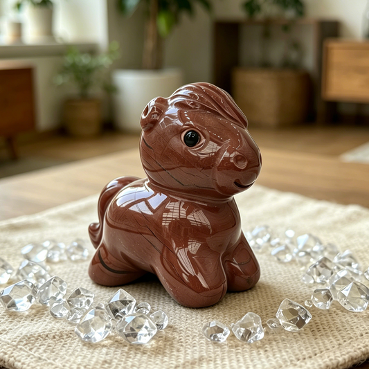 Red Jasper Cartoon Pony Carving - Hand Carved Natural Stone