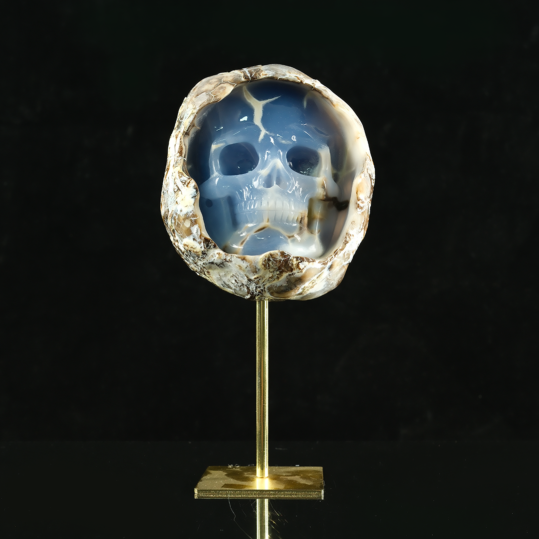 Blue Chalcedony Cave Carving Skull in Raw Crust - Hand Carved Natural Gemstone