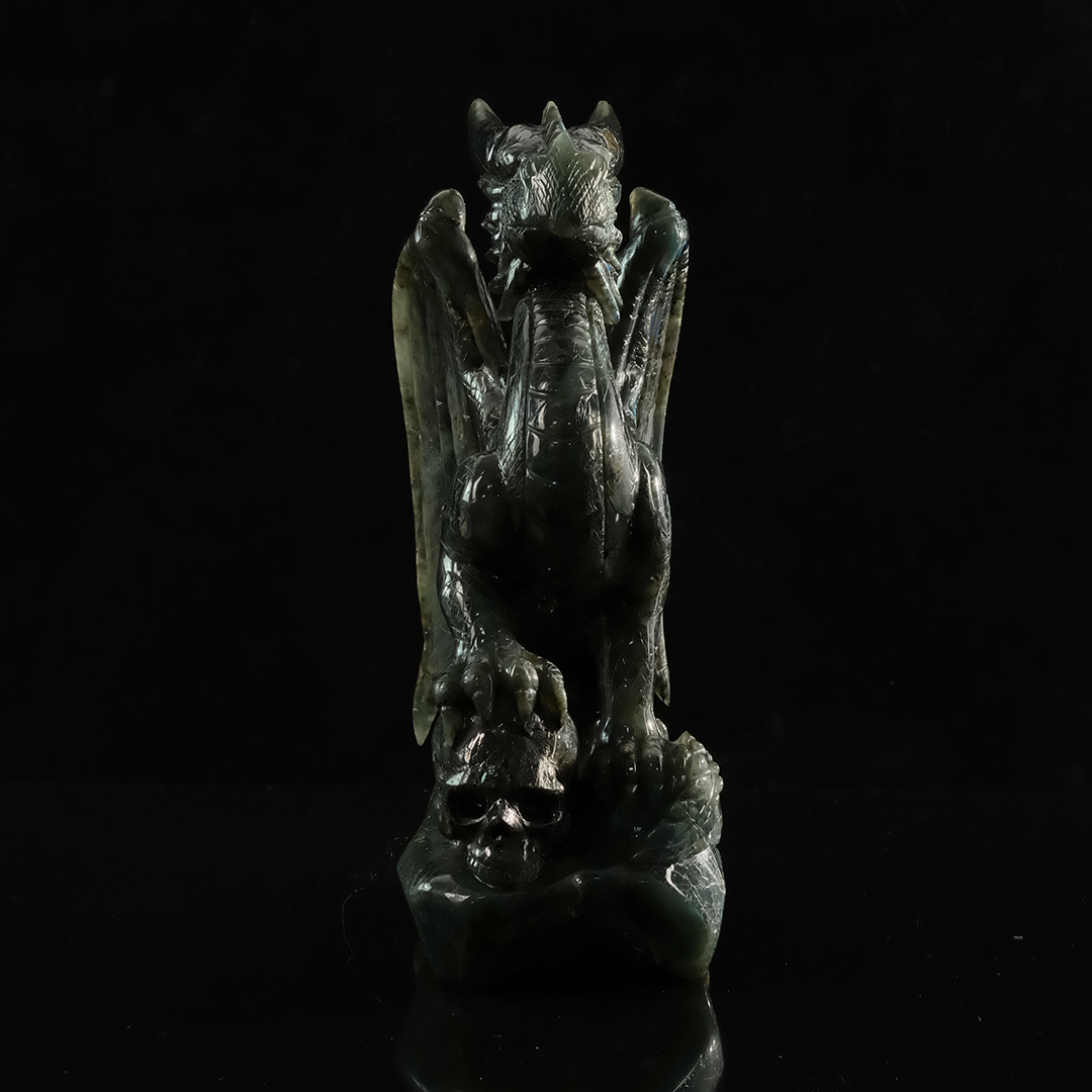 Labradorite Winged Dragon on Skull - Hand-Carved Natural Stone Sculpture