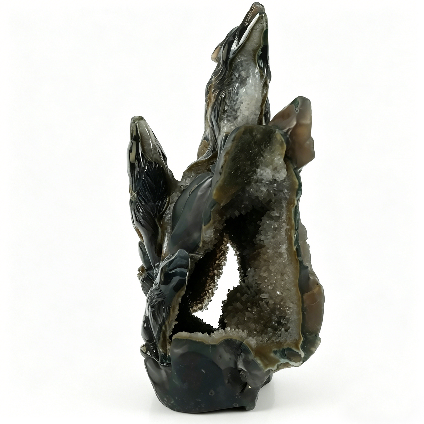 Natural Geode Agate Wolf Carving - Natural Stone Sculpture Carving