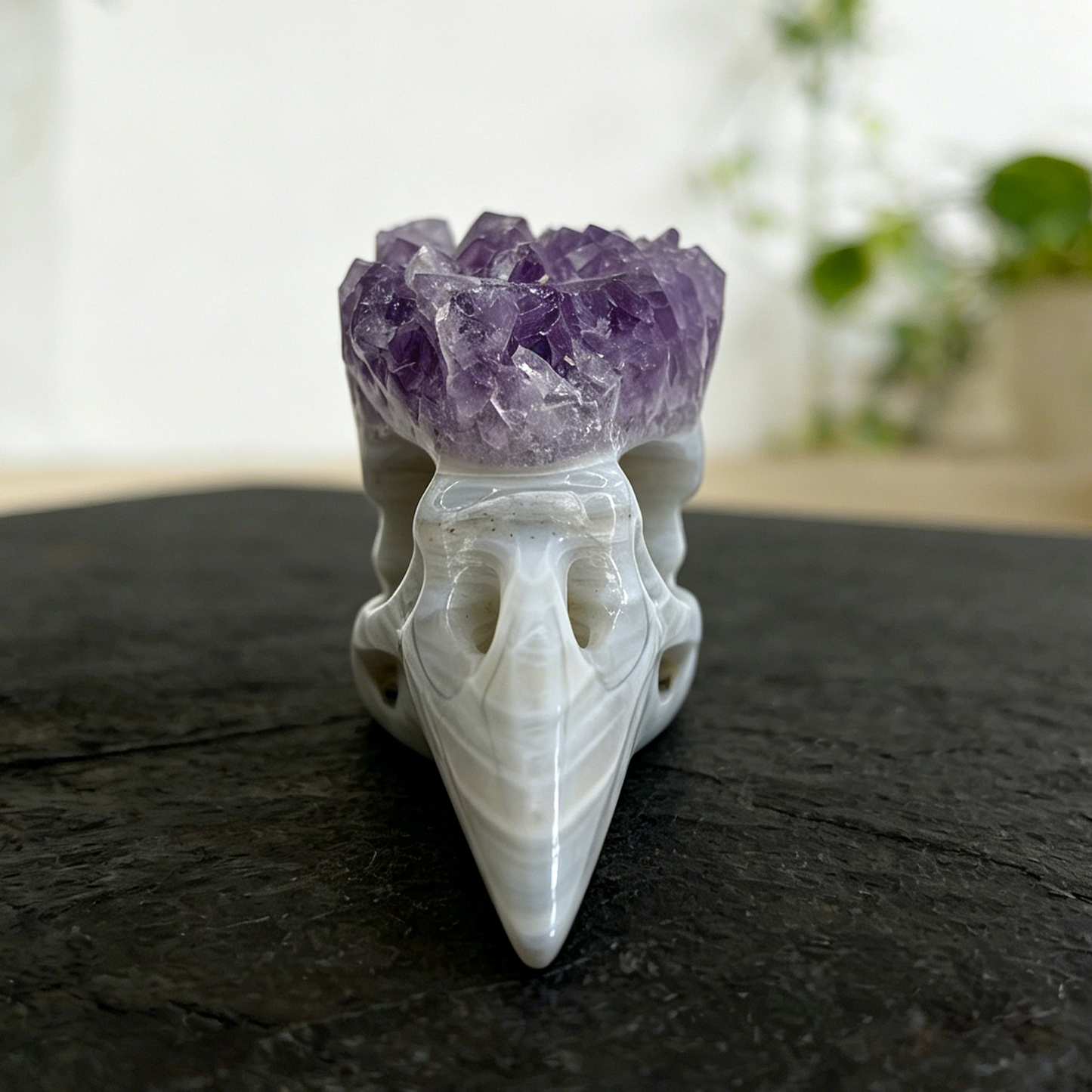 2.5 inch Amethyst Cluster Crow Skull - Natrual Amethyst Crystal Carving