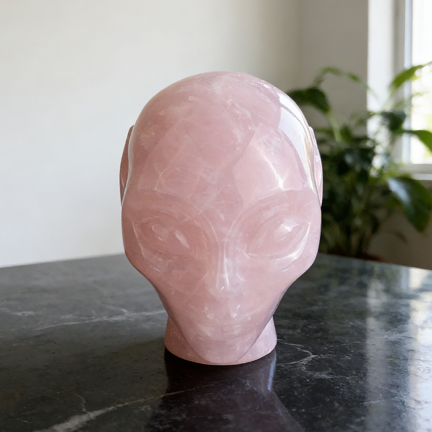 3.8 Inch Rose Quartz Alien Crystal Skull – Hand Carved Healing Stone