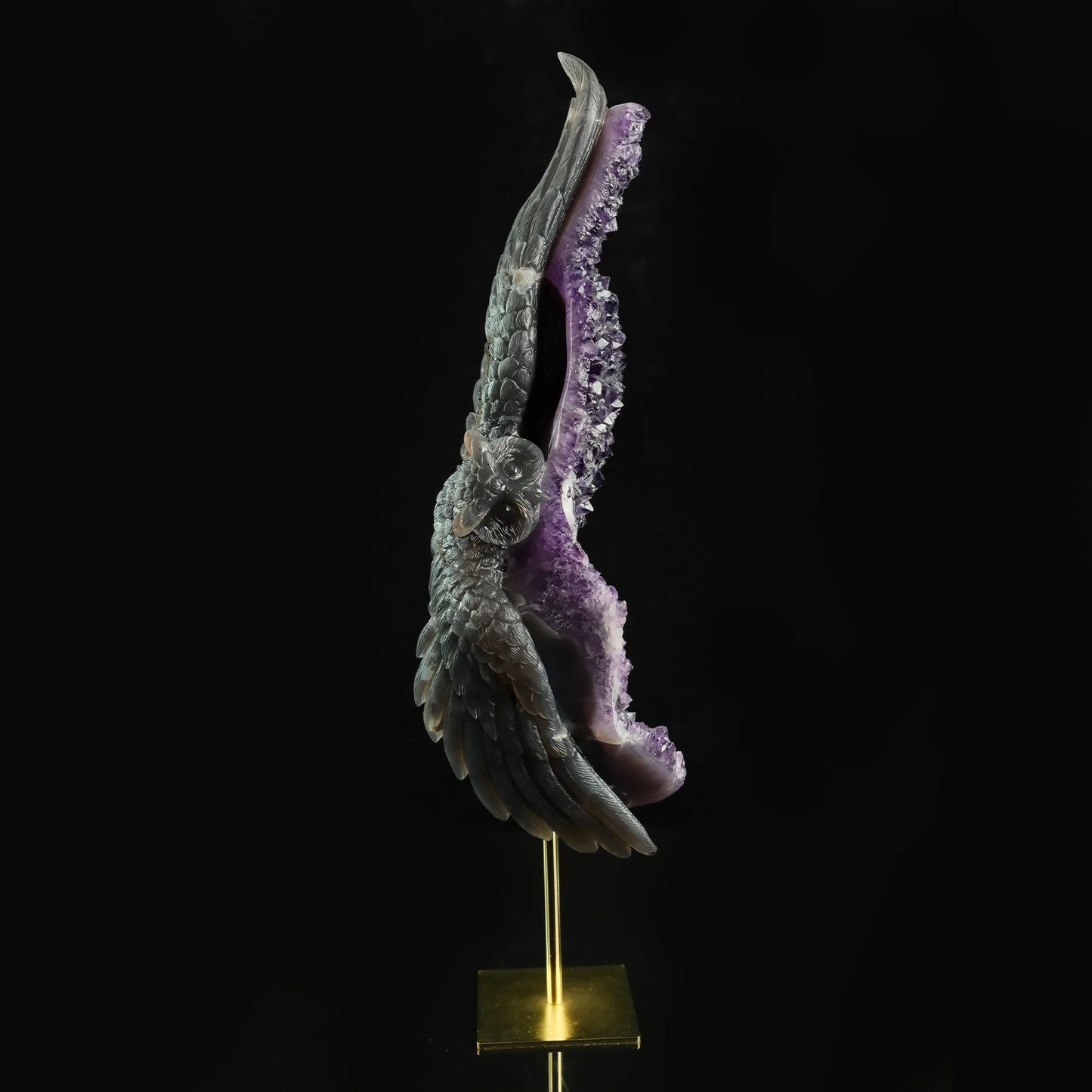 Large Amethyst Cluster Owl Sculpture - Hand Carved Natural Stone