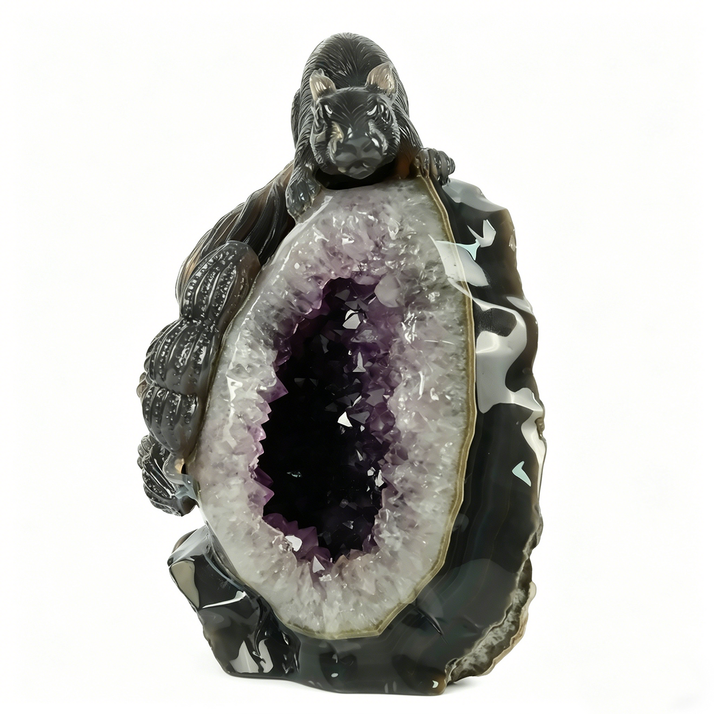 Amethyst Geode Cluster Squirrel Carving - Hand Carved Natural Crystal