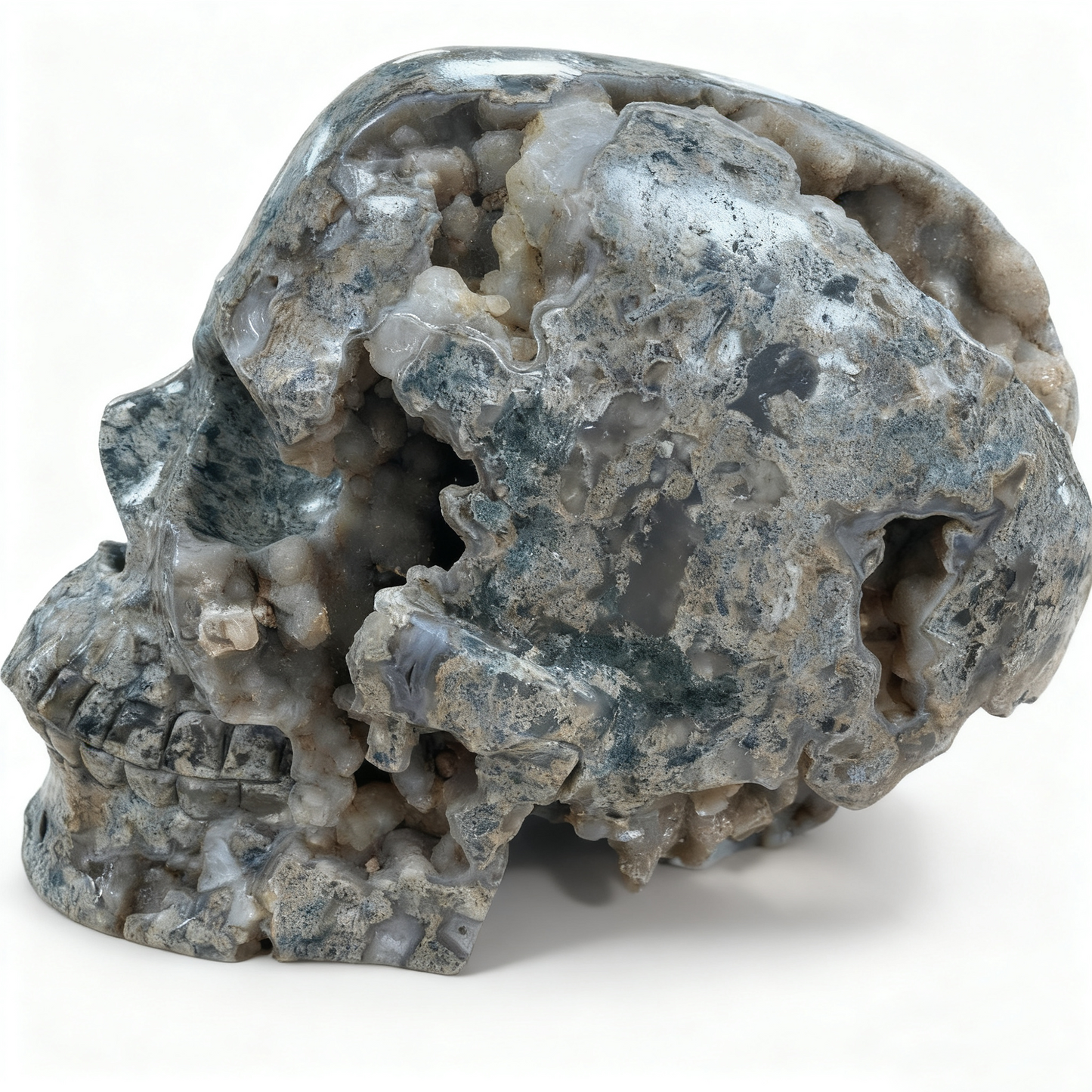 Moss Agate Geode Crystal Skull